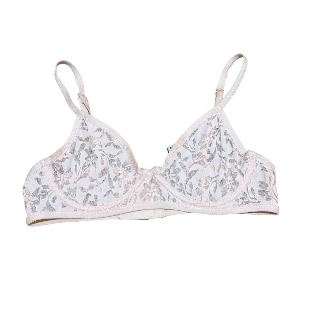 Intimately Free People 32A Sheer Floral Underwire Bra Mesh Lace Floral Pink